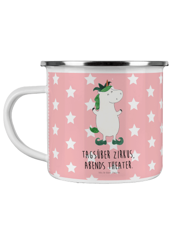 Mr. & Mrs. Panda Camping Emaille Tasse Einhorn Joker mit Spruch in Rot Pastell