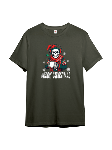 PAULGOS Herren T-Shirt, Skelett Musik und Kaffee Modell 2 in Olive