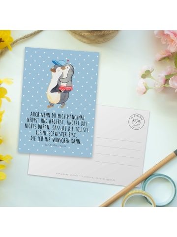 Mr. & Mrs. Panda Postkarte Pinguin Kleine Schwester mit Spruch in Blau Pastell