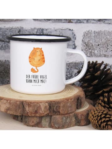 Mr. & Mrs. Panda XL Emaille Tasse Katze Frühaufsteher mit Spruch in Weiß