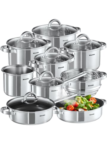 tectake Kochtopfset aus Edelstahl 15-teilig, Messskala in den Töpfen
