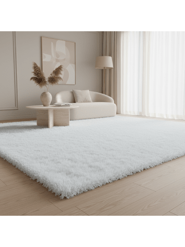 KADIMA DESIGN Teppich Hochflor Shaggy Uni-Look Polypropylen Wohnzimmer in Weiß