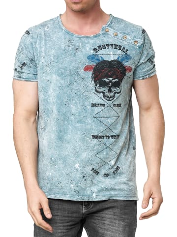 Rusty Neal Verwaschenes Rundhals T-Shirt mit Knopfleiste und Prints in Grau