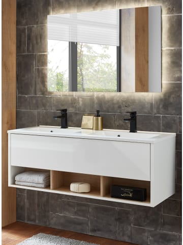 Furn.Design Badmöbel-Set 2-teilig weiß Hochglanz, Eiche, Set mit Doppelwaschbecken