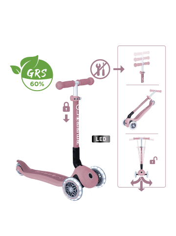 GLOBBER Scooter JUNIOR FOLDABLE LIGHTS ECO Roller in beere, mit Leuchtrollen