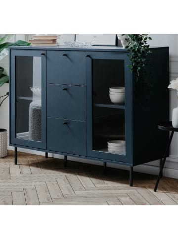 Furn.Design Kommode blau 120 cm, Anrichte mit 4 Vitrinenfächern