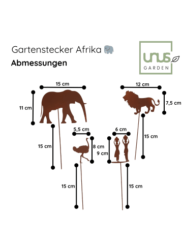 UNUS Gartenstecker Afrika Löwe Elefant Strauß Afrikannerinnen in Rost