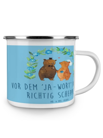Mr. & Mrs. Panda Camping Emaille Tasse Polterabend Spaß mit Spruch in Sky Blue