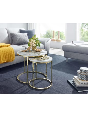 KADIMA DESIGN Design Beistelltisch 2er Set Marmor Optik Rund, Couchtisch 2 in Weiß