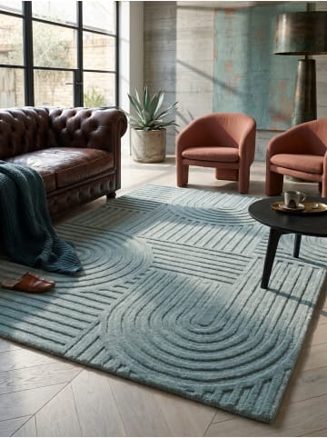 KADIMA DESIGN Wollteppich Kurzflor LEVEN Geometrisch Naturfaser Skandinavisch in Blau
