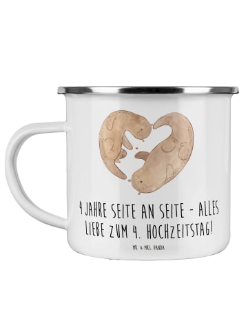 Mr. & Mrs. Panda Camping Emaille Tasse 4. Hochzeitstag Seidenhoc... in Weiß