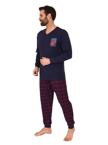 NORMANN langarm Schlafanzug Pyjama Bündchen und karierter Jersey Hose - 83130 in navy