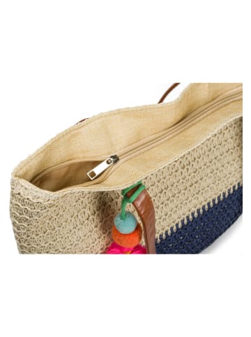 styleBREAKER Papierstroh Strandtasche in Beige-Dunkelblau