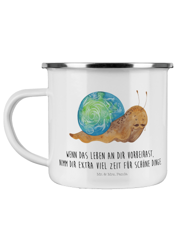 Mr. & Mrs. Panda Camping Emaille Tasse Schnecke Sir mit Spruch in Weiß