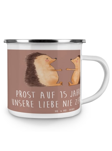 Mr. & Mrs. Panda Camping Emaille Tasse 15. Hochzeitstag Gläserne... in Braun Pastell