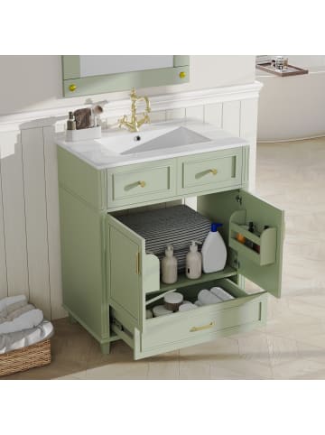 ABRIHOME Waschbeckenunterschrank in Grün mit Keramikbecken Soft Close Schublade 81x45,5x86,5 cm