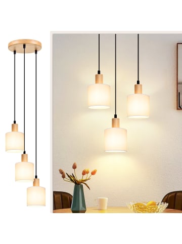 ZMH Pendelleuchte in Weiß 3-flammige E14 Holz Stoffschirm rund Esszimmerlamp