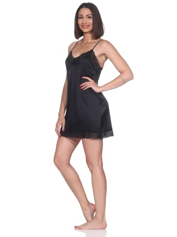 NORMANN Satin Nachthemd Spaghetti-Träger Spitzenbesatz in schwarz