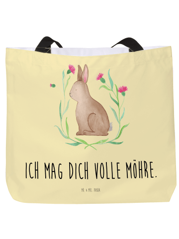 Mr. & Mrs. Panda Shopping Bag Hase Sitzen mit Spruch in Gelb Pastell
