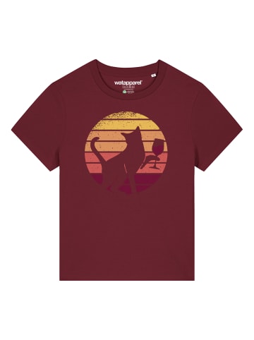wat? Apparel T-Shirt Sunset Katze & Rotwein in Weinrot