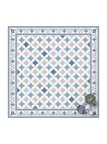 WALLART Vinyl-Teppich - Geometrische Fliesen Kreisblüten Blau mit Bordüre in Blau