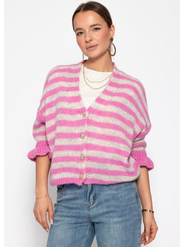 SASSYCLASSY Gestreifter Cardigan mit 3/4-Ärmeln in Pink