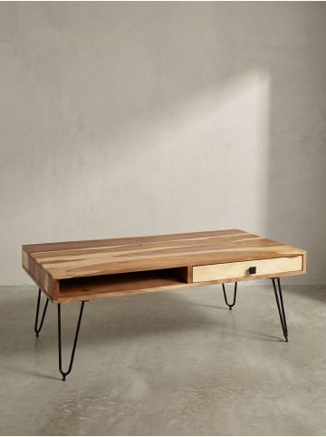KADIMA DESIGN Couchtisch Akazie | Schubfächer, 110cm breit, Metallfüße, Massiv in Beige