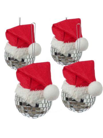 MARELIDA 4x Weihnachtsbaumschmuck Discokugel mit Nikolausmütze H: 7cm in silber