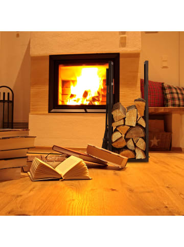 relaxdays Kaminholzregal mit 5tlg. Kaminbesteckset in Schwarz - (B)36 x (H)76,5 x (T)30 cm