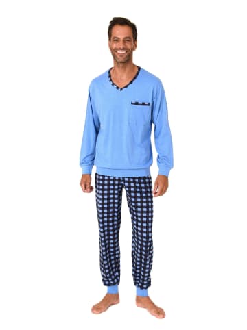NORMANN Langarm Schlafanzug Bündchen und karierter Jersey Pyjamahose in hellblau