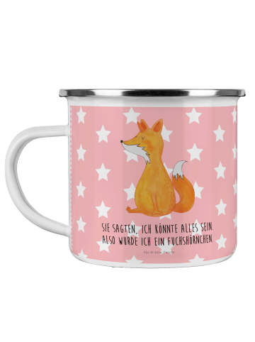 Mr. & Mrs. Panda Camping Emaille Tasse Einhorn Fuchs mit Spruch in Rot Pastell