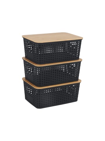 relaxdays 3 x Aufbewahrungsbox in Schwarz/ Natur – (B)25,5 x (H)10,5 x (T)18 cm