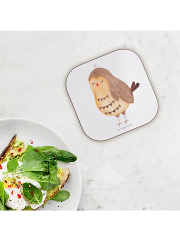 Mr. & Mrs. Panda Holzuntersetzer Eule Zufrieden ohne Spruch in Weiß