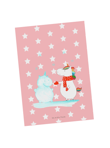 Mr. & Mrs. Panda Postkarte Einhorn Schneemann ohne Spruch in Rot Pastell