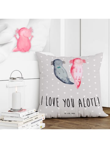 Mr. & Mrs. Panda Kissen Axolotl Liebe mit Spruch in Grau Pastell