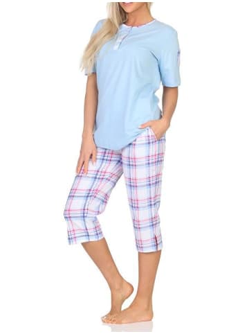 NORMANN Schlafanzug kurzarm Pyjama karierter Capri Hose Jersey - 84989 in hellblau