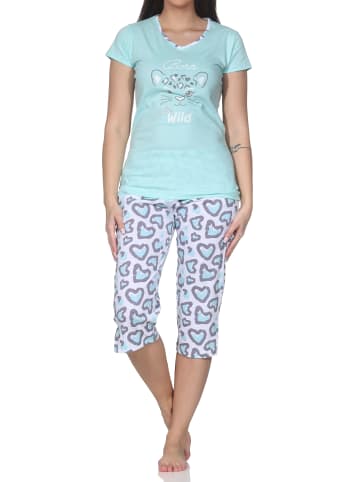 NORMANN Kurzarm Pyjama Capri Schlafanzug Hose Animalprint Übergrößen in türkis