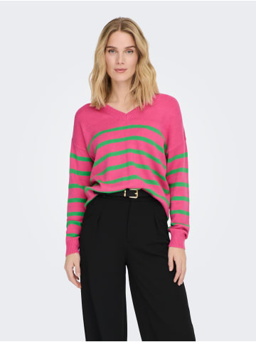 JACQUELINE de YONG Gestreifter Feinstrick Pullover V-Neck Langarm Sweater JDYMARCO in Rosa