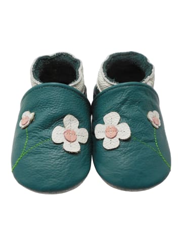 Yalion Leder-Krabbelschuhe "2 Blumen" in Petrol