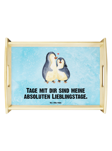 Mr. & Mrs. Panda Serviertablett Pinguin umarmen mit Spruch in Eisblau