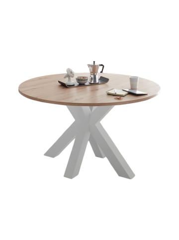 58 aufm Kessel ESSTISCH Rund ausziehbar Edda 10 130x130x78 Küchentisch Weiß/Asteiche
