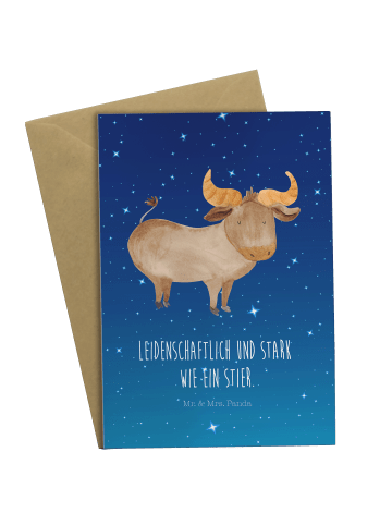 Mr. & Mrs. Panda Grußkarte Sternzeichen Stier mit Spruch in Sternenhimmel Blau