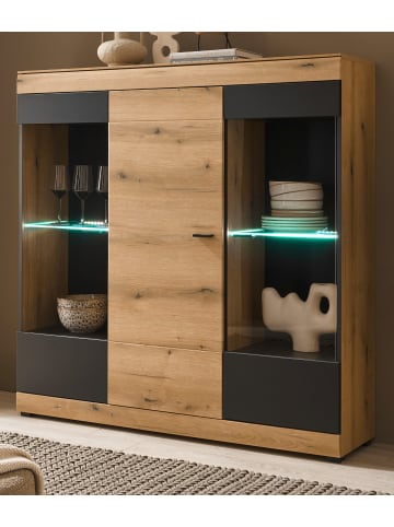 Furn.Design Highboard in Eiche, grau matt 140 x 141 cm, Vitrinenschrank mit Soft-Close