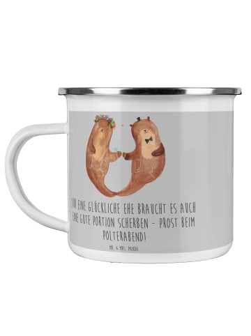 Mr. & Mrs. Panda Camping Emaille Tasse Scherben Polterabend mit ... in Heather Grey
