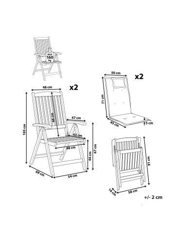 Beliani 2er-Set Gartenstuhl JAVA PREMIUM in Braun/Weiß