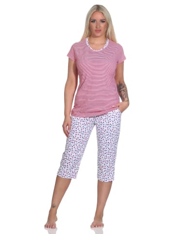 NORMANN Kurzarm Schlafanzug Caprihose Oberteil gestreift Hose floral - 78890 in rot