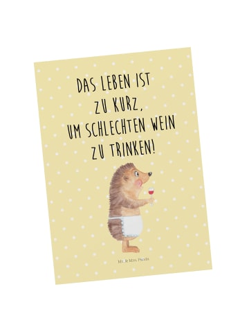 Mr. & Mrs. Panda Ansichtskarte Igel Wein mit Spruch in Gelb Pastell