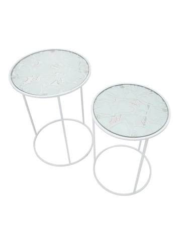 Mauro Ferretti Set aus 2 weißen Metalltischen mit Schmetterlingsmotiv, Ø cm 43x60-38x55