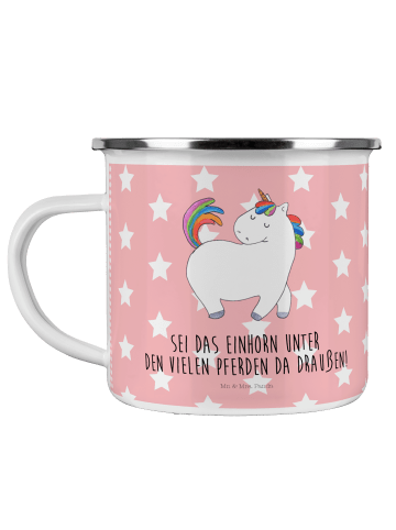 Mr. & Mrs. Panda Camping Emaille Tasse Einhorn Stolzieren mit Sp... in Rot Pastell