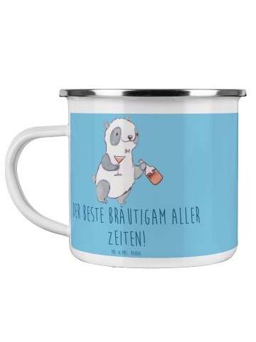 Mr. & Mrs. Panda Camping Emaille Tasse Bester Bräutigam mit Spruch in Sky Blue